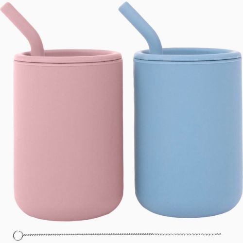 WeeSprout Silicone Baby Cups With Straws and Lids, 4 & 8 oz Options, Set of 2, Food Grade Toddler Training Container, Built In Straw Stoppers