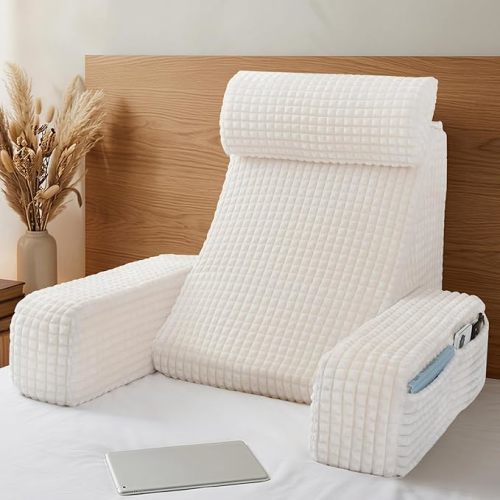 Vekkia Reading Pillow,Back Pillow for Bed Sitting Up Adult,Backrest Support Pillow with Build-in Arms & XL Pockets,Rest Chair for Reading,Gaming,Relaxing,Working or Watching TV in Bed/Floor-19'' White