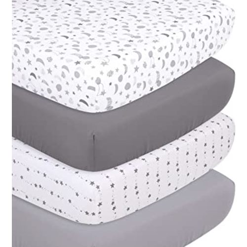 The Peanutshell Grey Moon & Stars Fitted Crib Sheet Set, Unisex 4 Pack Celestial Print, Grey & White