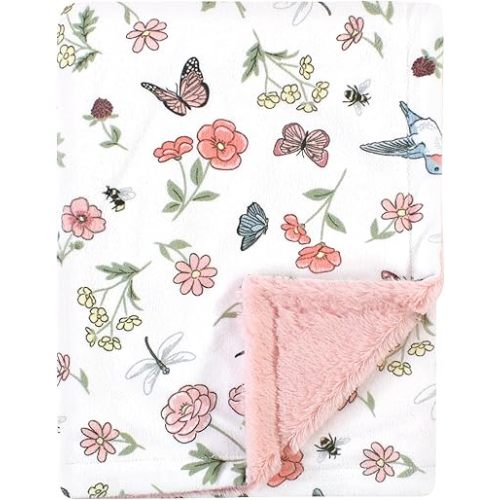Hudson Baby Unisex Baby Plush Blanket with Furry Binding and Back, Hummingbird Garden, One Size
