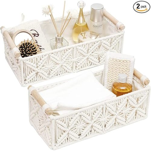 HOSROOME Macrame Storage Basket Boho Decor Baskets for Organizing Woven Decorative for Countertop Toilet Paper Basket for Tank Top for Home Decor Bedroom Nursery Livingroom Entryway (Set of 2)