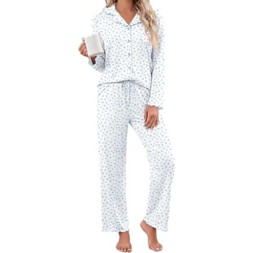 Ekouaer Womens Pajama Set Ruffle Button Down Pjs Long Sleeve Sleepwear