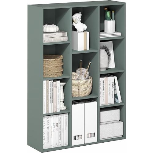 Furinno LUDER Book Shelf, 11-Cube Bookshelf, Reversible Bookcase, 9.4 x 29.1 x 41.7, Easy Assembly, for Living Room, Bedroom, Home Office, Sage Green