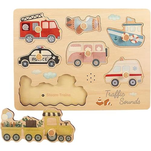 Freniland Transportation Sound Puzzle for Toddlers, Wooden Vehicle Sound Puzzle with Realistic Sounds, Educational Toy for 18M+