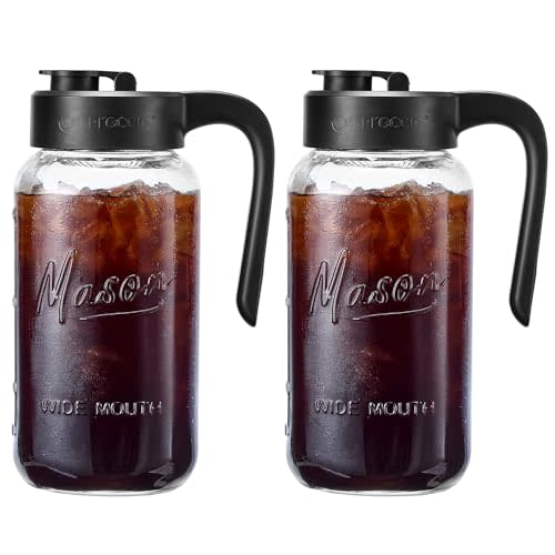 Spreccio Mason Jar Pitcher - Airtight & Leakproof Glass Pitcher with Lid[set of 2], Perfect for Breastmilk, Cold Brew, and Sun Tea, 2 Quart (64 oz) Mason Jar with Pour Spout Lid