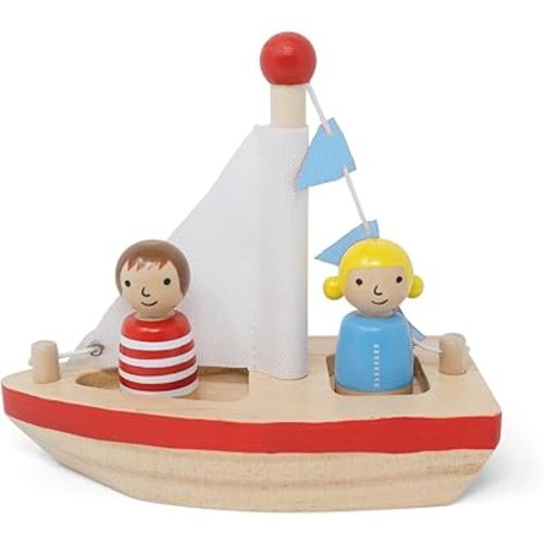 Wooden Toy Boat with Sailor Buddies- Jack Rabbit Creations- Floating Bath Toys for Kids- Boy & Girl Set- Vintage Inspired Eco-Friendly Water Play- Non-Toxic Paint