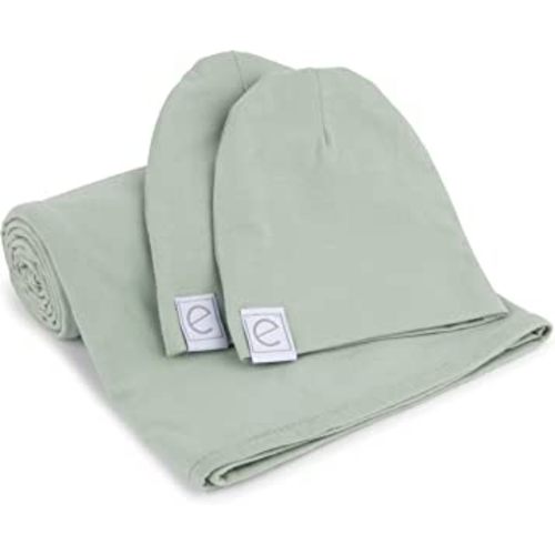 Ely's & Co. Cotton Knit Jersey Swaddle Blanket and 2 Beanie Baby Hats Gift Set, Large Receiving Blanket (Sage)