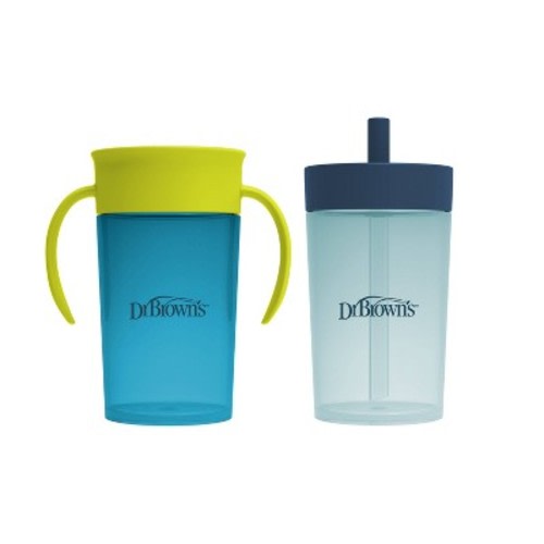 Dr. Brown's 10oz Milestones Straw to 360° Cup Set, with Interchangeable Silicone Straw - Blue/Green - 2pk
