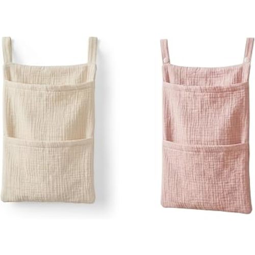 2 Pack 8.6 Inch Hanging Diaper Caddy - Dual Pocket Crib Organizer, Nursery Hanging Organizers - Cotton Muslin