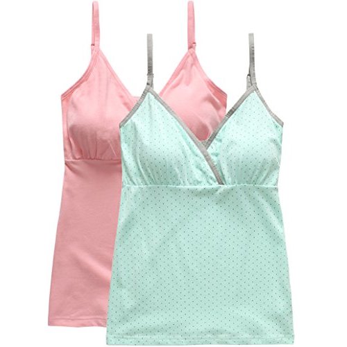 Nursing Tank Tops, Maternity Nursing Shirts Pajamas Sleep Bra for Breastfeeding (Medium: Fits for Weight 130-155 lb, Pink+Light Green Dot (2Pcs))