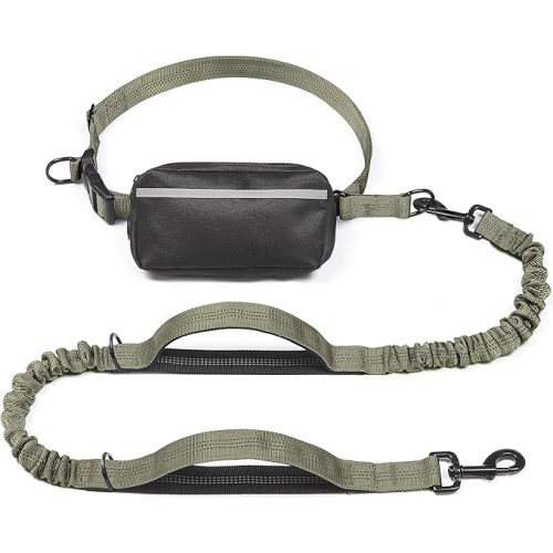 iYoShop Hands Free Dog Leash with Zipper Pouch, Dual Padded Handles and Durable Bungee for Walking, Jogging and Running Your Dog (Large, 25-120 lbs, Military Green)