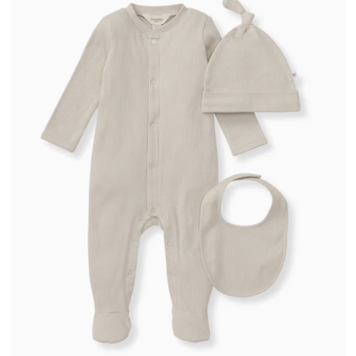 Organic Cotton Jumpsuit, Bib & Hat 3 Piece Set - Limestone