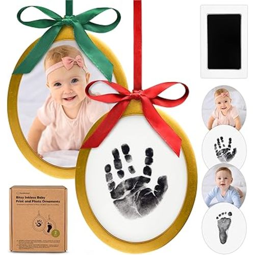 Inkless Baby Hand and Footprint Kit - Two-Sides Baby’s First Christmas Ornament Footprint Kit, Personalized Baby Gifts Photo Frame, Cute Newborn Keepsake for Nursery Decor, New Mom Gifts (Oval/Gold)