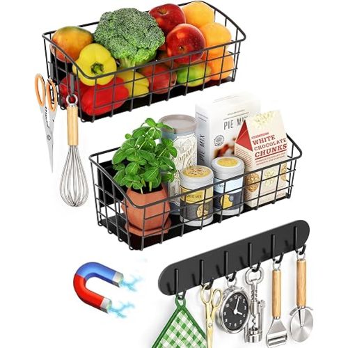 2Pack Magnetic Shelf for Refrigerator with 2 Moveable Hooks and 6-Hook Rack
