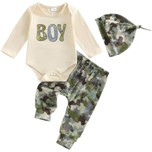 Camo Baby Boy Clothes Newborn Long Sleeve Onesie Letter Print Romper Camouflage Pants Hat 3PCS Outfit Fall Winter