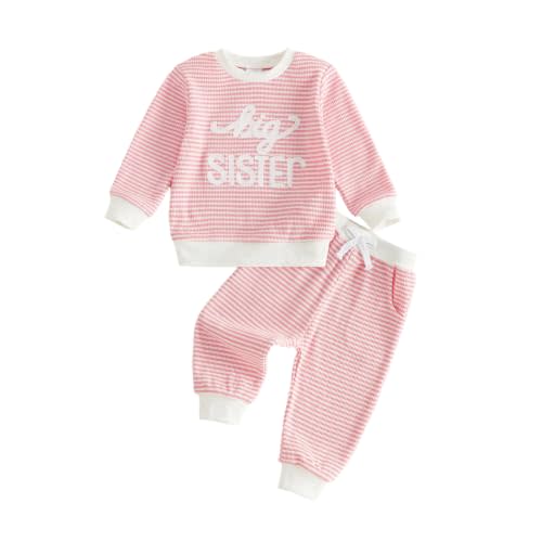 Toddler Baby Girl Fall Outfit Set Tops Pants Cute Infant Waffle Clothes | Long Sleeve Crew Neck Big Sister Sis Embroidery Sweatshirt Stripe Matching Clothing