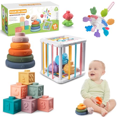 Wuzhineisn Montessori Baby Toys for Ages 6-18 Months - Pull String Teether, Stacking Blocks, Sensory Shapes Storage Bin, Infant Bath Time Fun, 4 in 1 Toddlers Toy Gifts for 1 2 3 Year Old Boys Girls