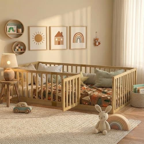 Twin Montessori Floor Bed Frame with High Rails and Door, Wood Twin Floor Bed with Slats, Low Profile Kids Bed Frame for Boys Girls, No Box Spring Needed, Natural