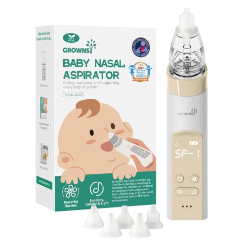 GROWNSY Nasal Aspirator for Baby, Electric Nose Sucker, Powerful Suction | Large Chamber Holds More Mucus, 6 Soft Tips for Newborn & Toddler, Adjustable Suction, Music & Light Calm Babies, Easy Clean