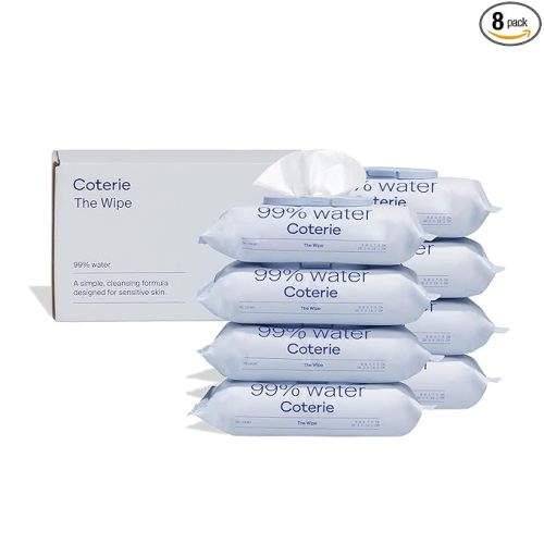 Coterie Baby Wipes for Sensitive Skin, Plant-Based and Plastic-Free Fibers, 99% Water, Hypoallergenic, pH Balanced, Unscented, Clean and Gentle Baby Essentials, 8 Pack, 448 Count