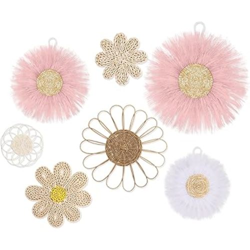 Chunful 7 Pcs Boho Wall Basket Decor Rattan Flower Wall Decor Nursery Daisy Flower Woven Macrame Hanging Flowers for Baby Kids Girls Farmhouse Bedrooms Living Rooms Kitchen Home(Pink)