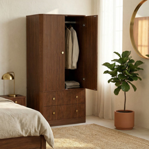 Red Barrel Studio® Clothing Storage Cabinets Armoire Wardrobe Closet, Clothing Wardrobe 2 Doors 2 Drawers Elegant Wave Pattern Wooden Freestanding Large Capacity Storage Cabinet For Bedroom Living Room Office & Reviews | Wayfair
