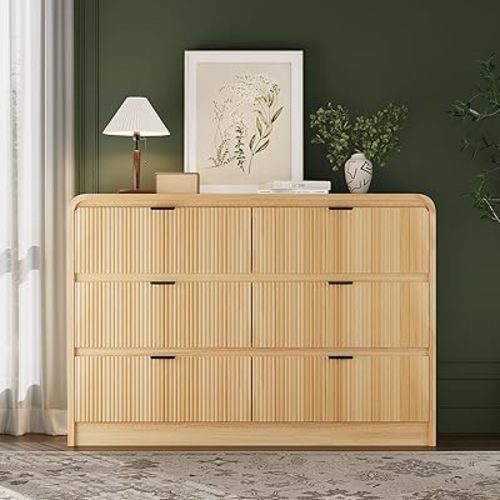 FURSUN Fluted 6 Drawers Dresser for Bedroom, 54" Wide Wooden Dresser with Metal Handle, Curved Profile Design, Modern Storage Organizer for Bedroom, Hallway (Natural Oak)