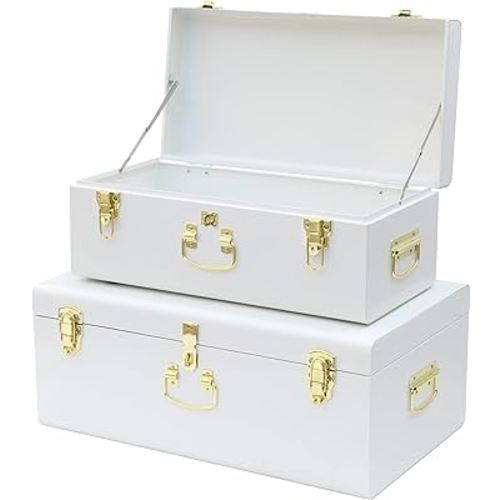Vixdonos Decorative Metal Box Storage Trunks Set of 2 College Dorm Chest with Lock Hole,23.7X14.2X9.5 Inches(White)