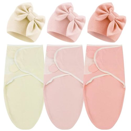 DRESHOW BQUBO 3 Pack Newborn Baby Swaddle Blanket with Hats Infant Adjustable Velcro Swaddling Wraps with Bear Ears Cap for 6-12 Lbs Newborns & 0-3 Months Girls Boys