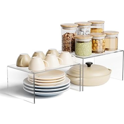 Clear Acrylic Kitchen Cabinet Risers Set of 2 - Anti-Slip Stackable Shelf Organizers, Space Saving Shelves for Counter Display & Spice Organization