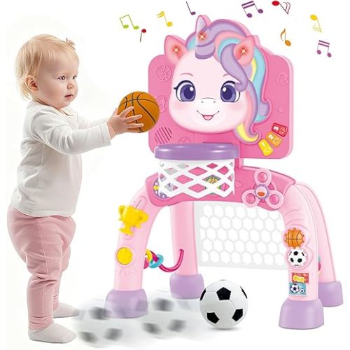 2 in 1 Basketball Hoop and Soccer Goal Set, Toddler Sports Toy for Indoor Outdoor Play, Perfect Christmas Birthday Gift for Baby Boys and Girls 1+，Unicorn Theme