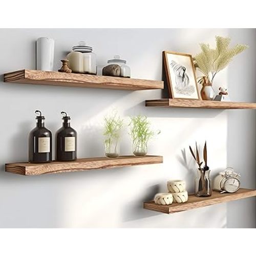 PHPH 24 Inch Wood Floating Shelves for Wall, Wooden Wall Shelves for Bedroom, Set of 4 Light Brown