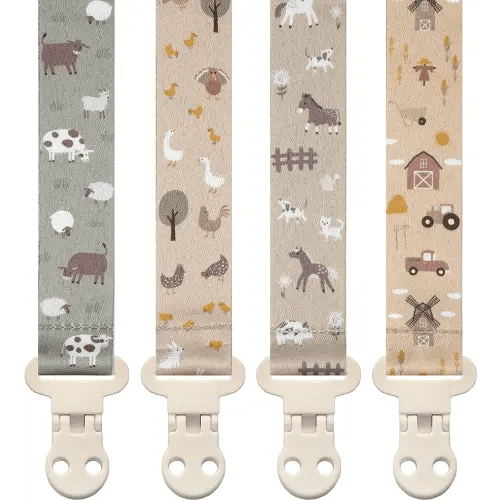Stadela Baby Pacifier Clip Holder - Girl or Boy Unisex 4 Pack Gift Set – Farm Animals Barn and Tractors Neutral