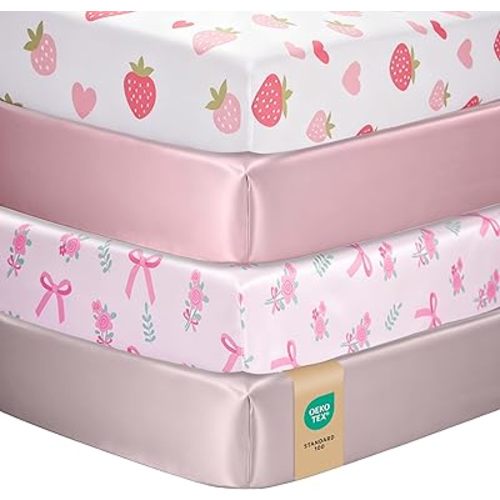 Baby Crib Sheets Girl, Toddler Bed Sheets Fitted for 52x28 Inch Standard Crib Mattress for Baby Girls, Set of 4 Super Soft Breathable Microfiber, Strawberry, Bow Flower, Pink & Dusty Pink