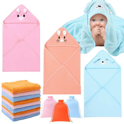 KABOER 12 Pcs Baby Bath Towels for Infants Toddlers, 3 Animal Hooded Baby Towels & 9 Washcloths Set, Ultra Absorbent Soft Cute Newborn Bath Essential Gifts for Boys & Girls