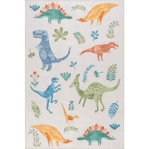 Kayleigh Kids Spill Proof Washable Dinosaur Rug | White Multicolor