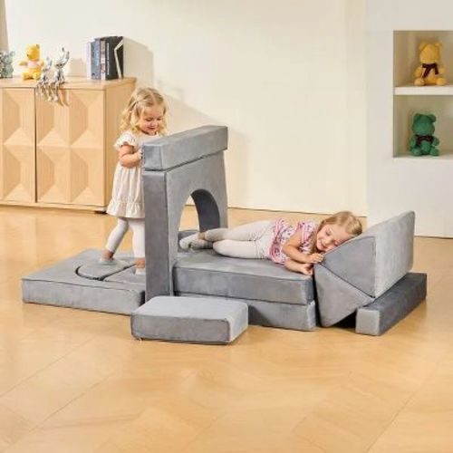 14 Pcs Modular Kids Play Couch, Sectional Toddler Sofa w/ Armrests, 28D Sponge & Short Pile, Convertible Kids Modular Couch DIY Creative Combination