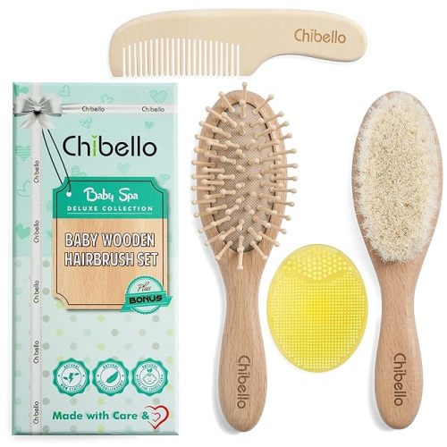 Chibello 4 Piece Wooden Baby Hair Brush and Comb Set Natural Goat Bristles Brush for Cradle Cap Treatment Wood Bristle Brush for Newborns and Toddlers Perfect for Baby Shower and Registry