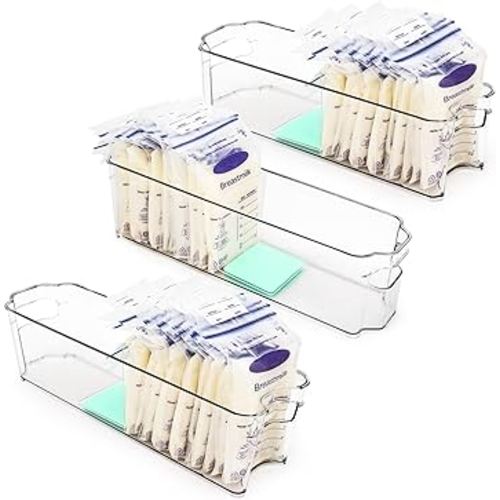 Breast Milk Storage Containers for Fridge, Fridge Organizer Bins with L-Shaped Compressor Inserts for Flattening Breastmilk Bags, and Space-Saving Design(set of 3)