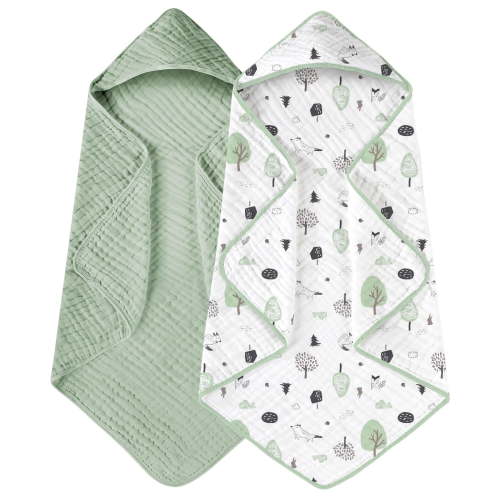 Hooded Baby Towels for Newborn 2 Pack 100% Muslin Cotton Baby Bath Towel with Hood for Babies, Infant, Toddler and Kids, Large 32x32Inch, Soft and Absorbent Newborn Essential