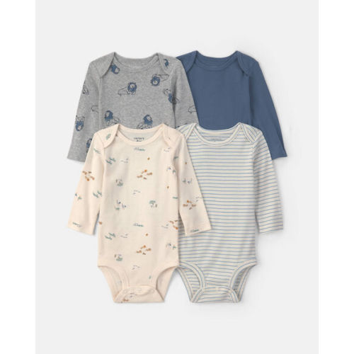 Baby Boy 4-Pack Safari Long-Sleeve Bodysuits - Blue/Grey/Ivory | Carter's