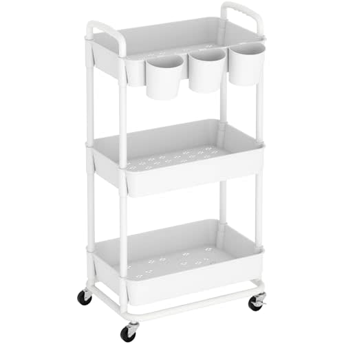 3-Tier Baby Diaper Caddy Organizer Cart with Locking Wheels & Hanging Cups - Rolling Storage Cart for Nursery, Changing Table, Baby Essentials,White