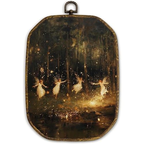 Yjeslw Vintage Forest Fairy Octagon Wall Art Decor, Dark Cottagecore Framed Canvas Prints, Moody Enchanted Forest Dancing Fairy Wall Hanging Decorations for Bedroom Living Room Decor, 10.2x7 Inches