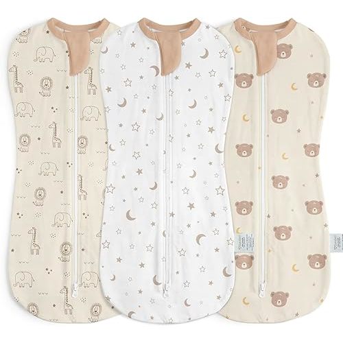 Baby Swaddle 0-2 Months, Cotton Arm-In Zipper Sleep Sack, Wearable Blankets Wrap for Newborn Infant Girls, Boys (Animal, Star Moon, Bear, Pack of 3)
