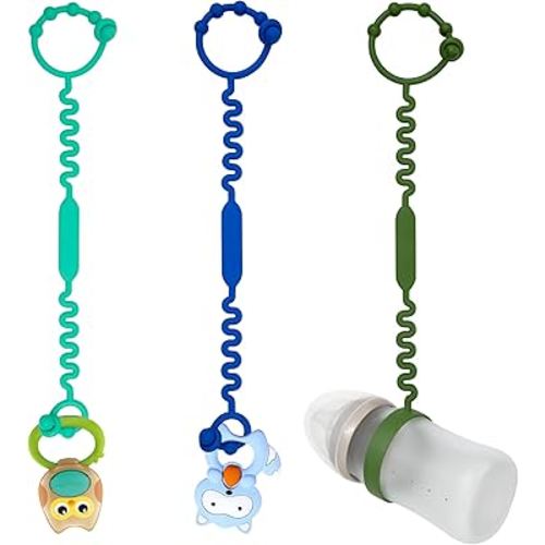Toy Safety Straps, Pacifier Holder Clip with Self-Adjusting Bayonet, Pure Silicone Material Without BPA; Can Be Used for Teethers, Feeding Bottles, Toys, Cribs, High Chair(Spearmint+Blue+Olive)