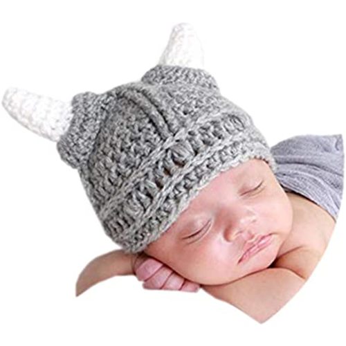 Baby Beard Viking Knit Hat Barbarian Bull Horn Crochet Handmade Knit Beanie Hat No