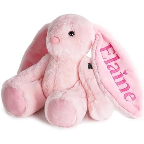 Custom Plush Bunny Toys with Child's Name, Embroidered Cute Bunny Stuffed Animals for Baby Toddlers 1-3 Years Old, Personalized Christmas Birthday Gift for Baby Girls Boys (Pink)