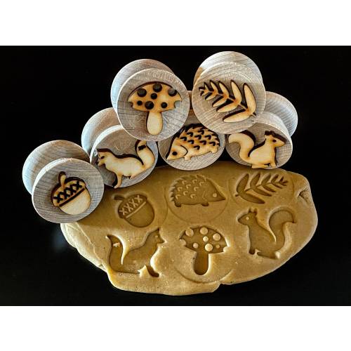 Fall Woodland Stampers|| Set of 6 Handcrafted,Wood Playdough Stamps|| Forest Animal Sensory Play|| Fox Squirrel Hedgehog Fern Acorn Mushroom