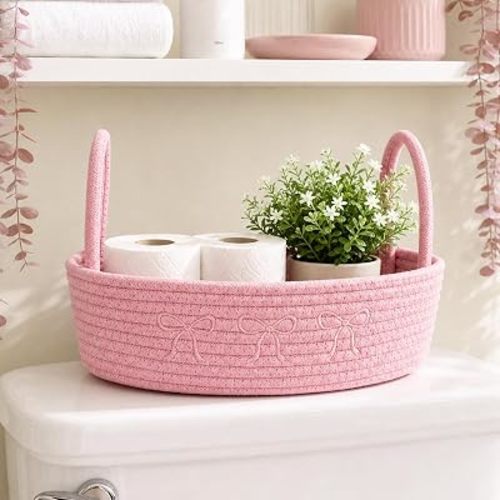Pink Bow Toilet Paper Holder for Bathroom, Cotton Rope Woven Storage Container for Toilet Tank Top, 13.8 X 5.9 X 3.9 Inches with Handles, Pink Bathroom Accessory for Toilet Paper Towels and Shelves
