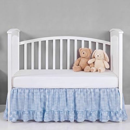 Gingham Crib Skirt Dust Ruffle 52 x 28 Inch 100% Washed Cotton Ruffle Plaid Baby Crib Bed Skirt Soft Farmhouse for Boys & Girls Nursery Bedding Decor, Fits Standard Cribs(Blue)